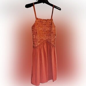 Live To Be Spoiled Burnt Orange Sleeveless Mini Dress Lace Embroidered Bodice XS